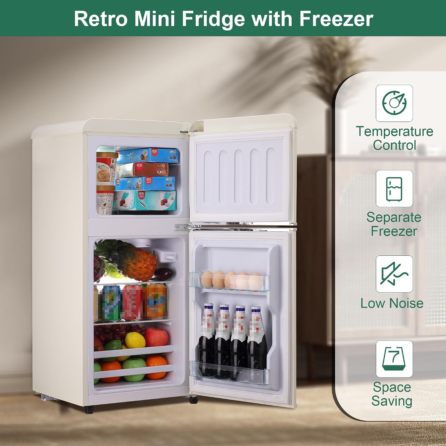 Retro Mini Fridge with Freezer 4.0 Cu. Ft, Small Refrigerator with 7 Level Adjustable Thermostat, Compact Classic Dual Door Fridge Removable Glass Shelves for Apartments, Dorm, Office, Cream