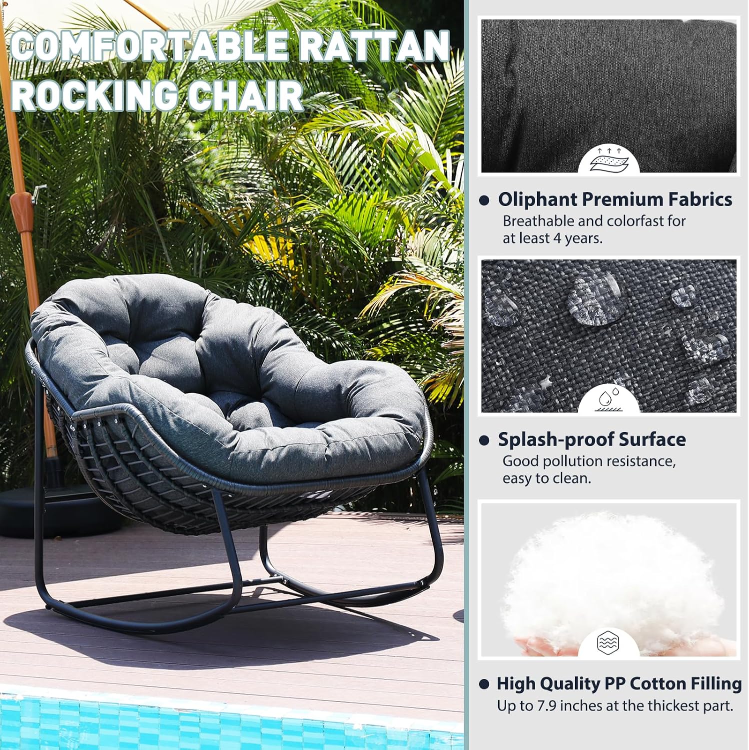 Indoor & Outdoor Rocking Chair, Oversized Rattan Royal Rocking Chair with Padded Cushion, Rocker Egg Chair for Living Room, Patio, Front Porch, Backyard,Dark Grey