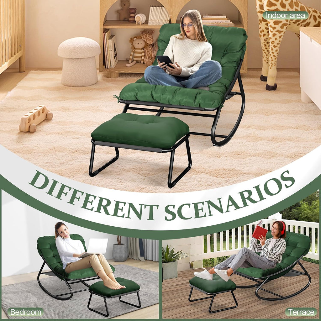 Outdoor Rocking Chair with Footstool, Oversized Patio Rocker with Deep Seat Thick Cushion, Rrocking Chairs for Bedroom, Living Room, Porch, Garden, Lawn (Green)