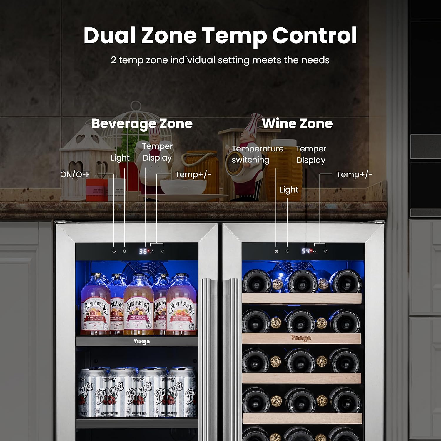 Yeego Wine & Beverage Refrigerator, 30 Inch 80 Cans and 33 Bottles Dual Zone Wine Cooler with Glass Door, 36-72°F Drink Cooler for Built-in or Freestanding, For Kitchen,Bar or Office