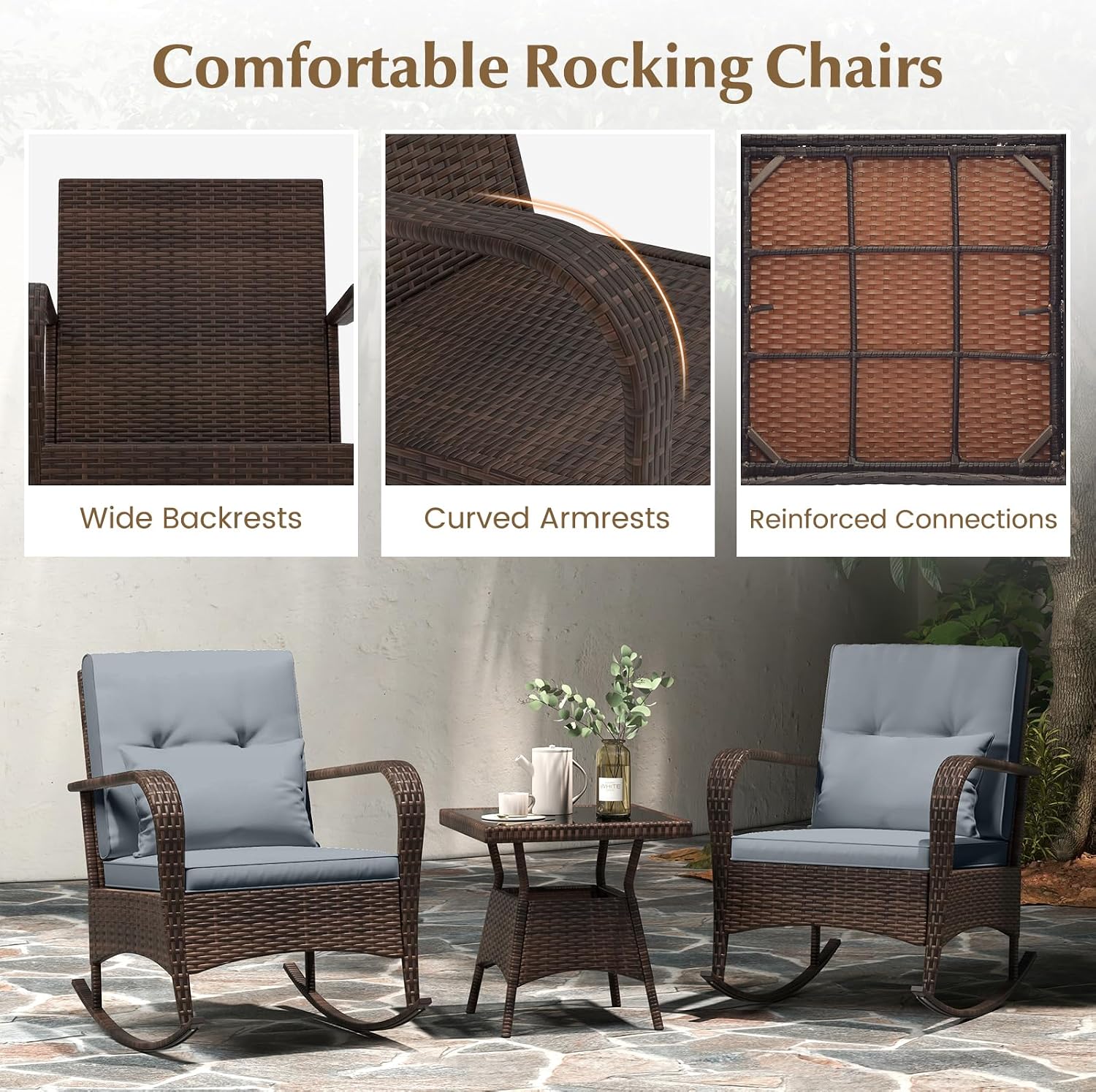 Tangkula 3 Pieces Rocking Bistro Set, Patiojoy Outdoor PE Rattan Rocker Chairs with Removable Cushions & Tempered Glass Top Coffee Table, Outdoor Wicker Furniture Set for Porch, Garden (Grey)