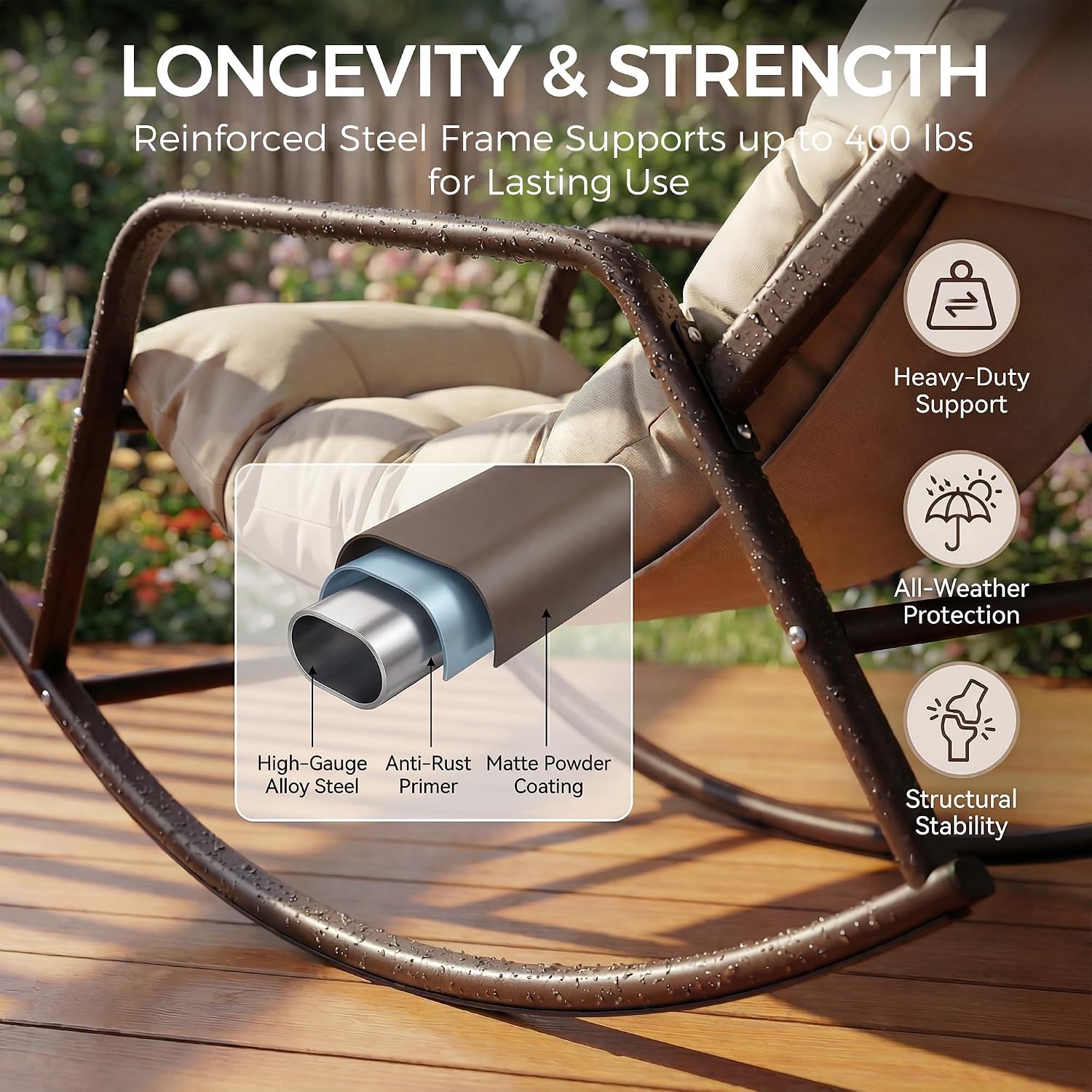 NICESOUL Papasan Rocking Chair with Footrest, Outdoor Rocking Chair with Cushion, Oversized Patio Rocker, Recliner-Style Comfort, Heavy Duty Steel Frame, Indoor Balcony Backyard, Beige