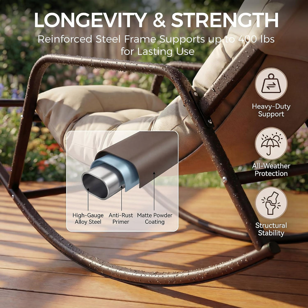 NICESOUL Papasan Rocking Chair Set of 2 with Footrest, Outdoor Rocking Chair with Cushion, Oversized Patio Rocker, Modern Lounge Comfort, Heavy Duty Steel Frame, Indoor Porch, Beige