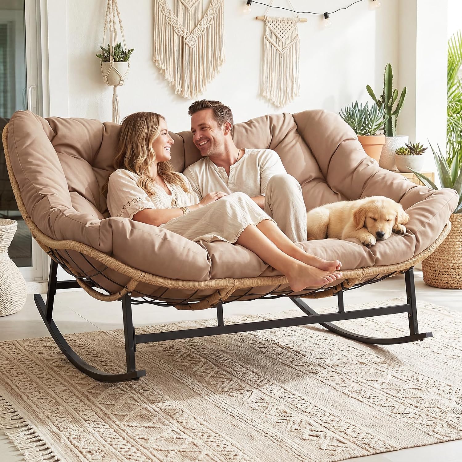 RADIATA Oversized Double Rocking Papasan Chair, Extra Wide Patio Rocker for 2 Adults, PE Wicker Egg Chair with Cushion, Heavy Duty Comfortable Outdoor Furniture for Garden, Balcony or Sunroom
