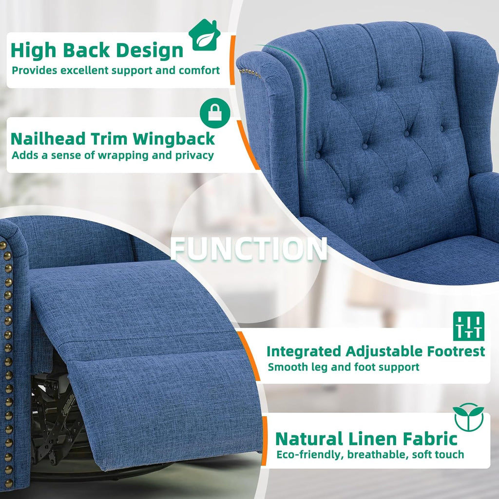 VIVIJASON Power Swivel Rocking Recliner Chair with Massage & Heat, Electric Rocker Glider Chair for Nursery, Wingback Tufted Upholstered Recliner W/Type-C & USB Ports for Living Room, Bedroom, Blue