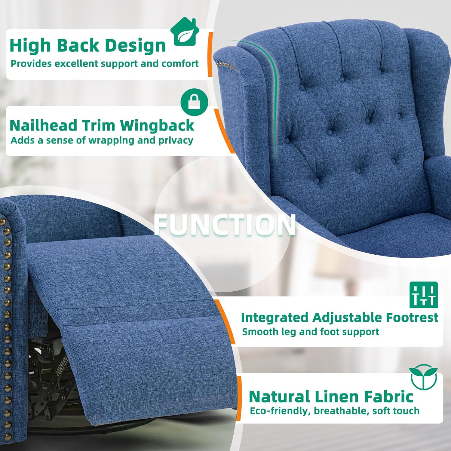 VIVIJASON Power Swivel Rocking Recliner Chair with Massage & Heat, Electric Rocker Glider Chair for Nursery, Wingback Tufted Upholstered Recliner W/Type-C & USB Ports for Living Room, Bedroom, Blue