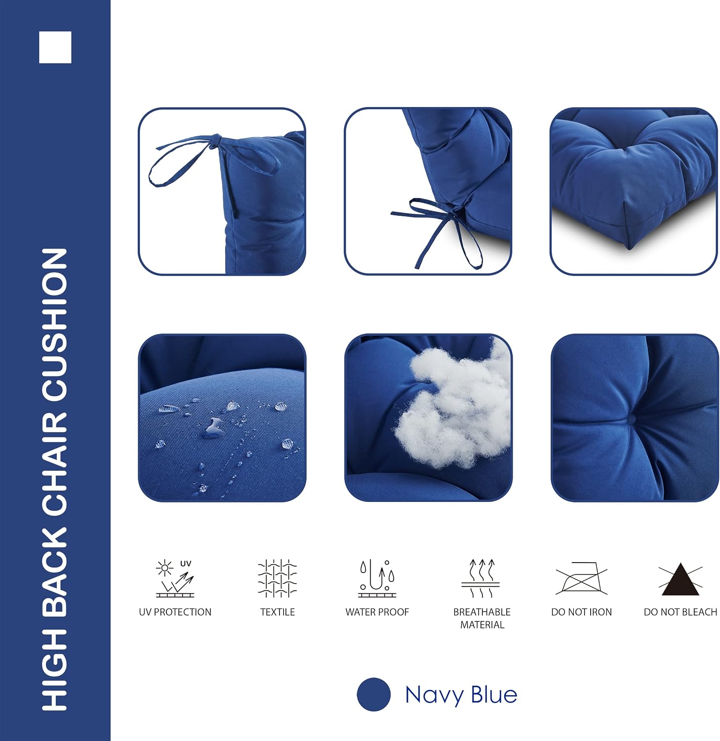 Outdoor Indoor High Back Chair Cushions Set of 4,Waterproof All-Weather Patio Adirondack Rocking Chair Cushions,Seat Back Chair Cushion for Outdoor Furniture with Ties,45x22 Inch, Navy Blue