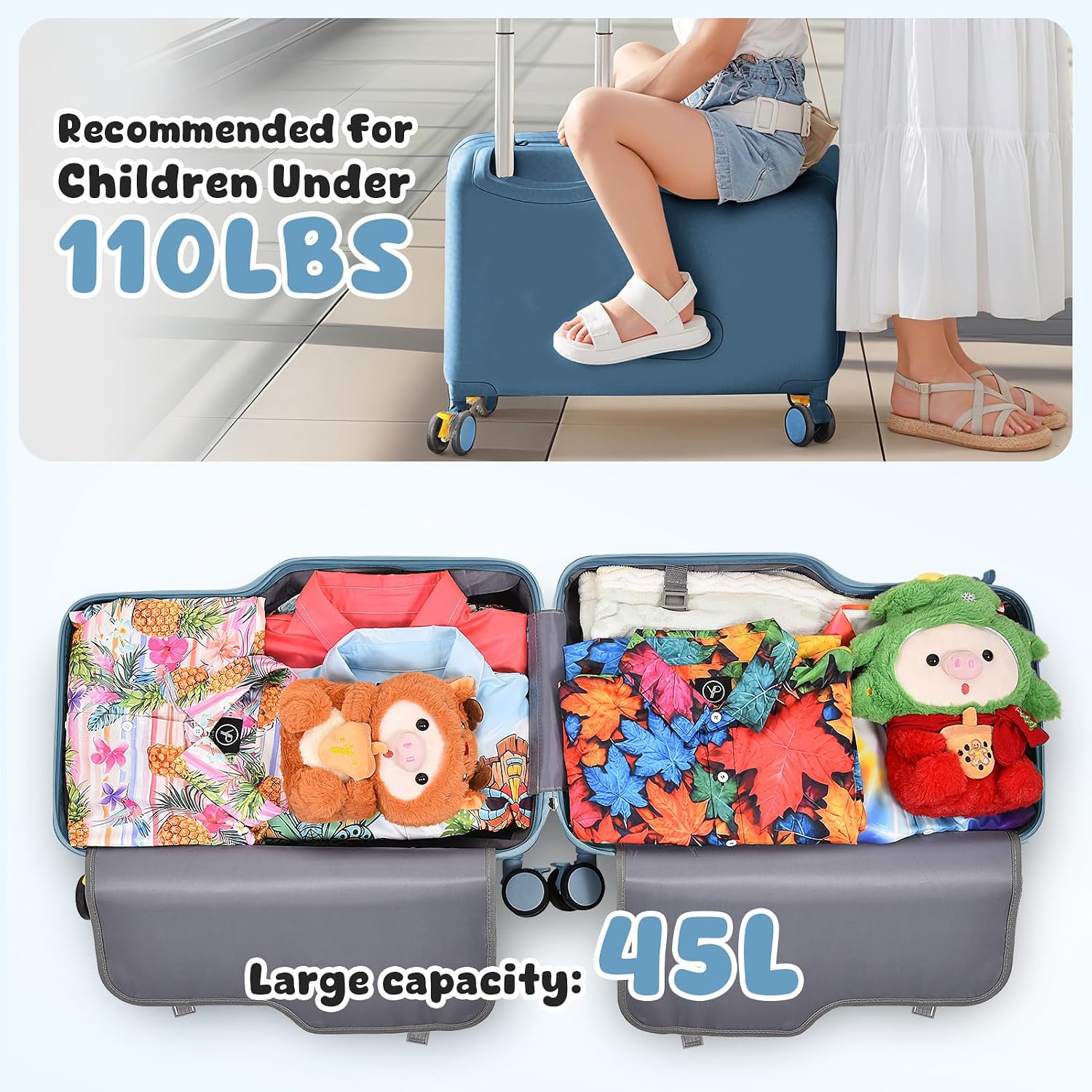 Kids Ride On Suitcase | 20 Inch Kid Carry-On Luggage with Seat, Folding Handlebar & Adjustable Belt | Fun Rideable Travel Case for Boys & Girls, Ideal for Airplane Travel