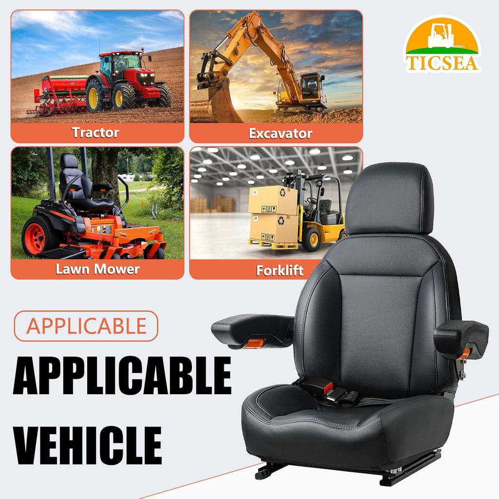 Universal Tractor Seat, Forklift Seat with Seatbelt and Adjustable Backrest Headrest Armrests for Boat Excavator Harvester Loader Backhoe Dozer Telehandler(Black)