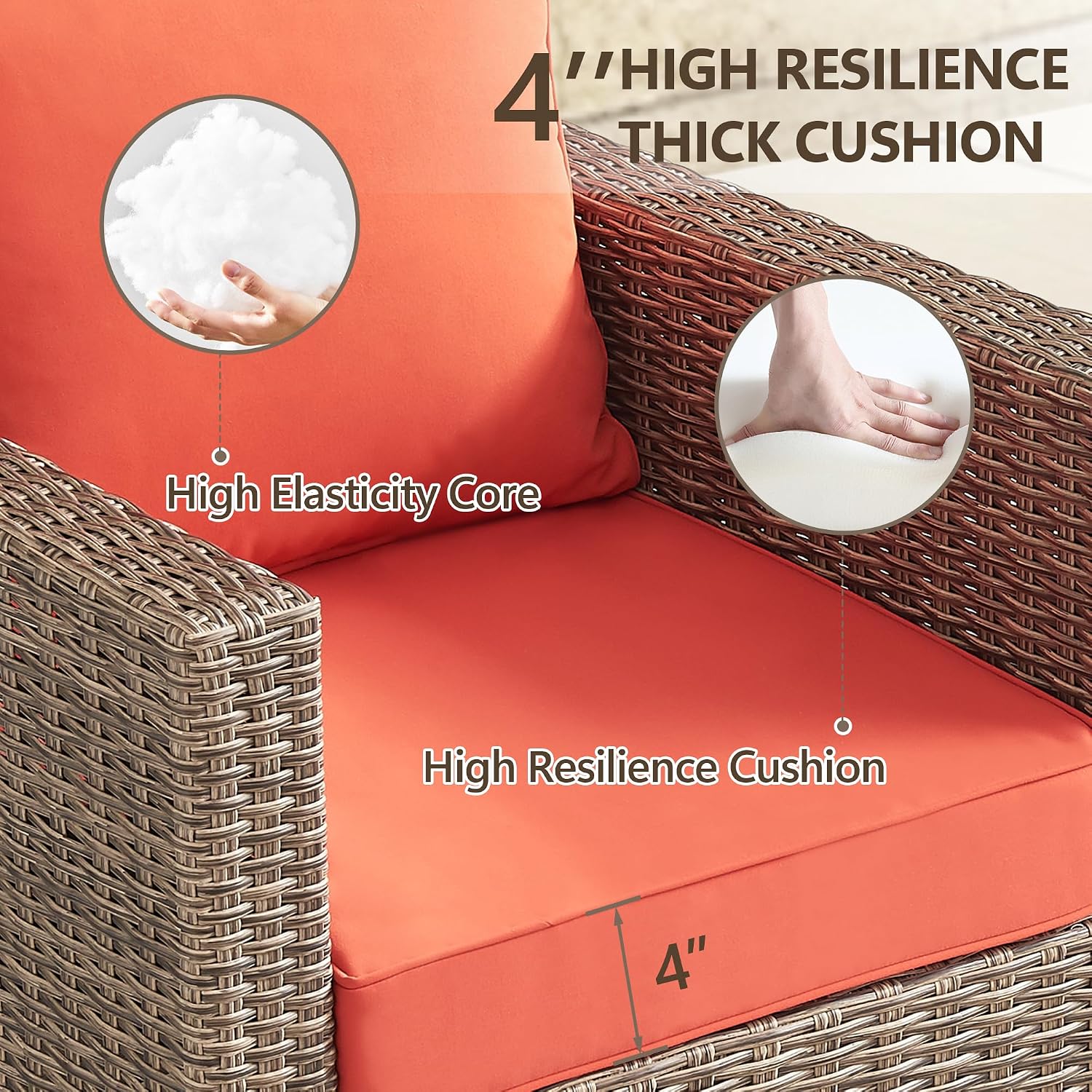 Swivel Rocking Chairs with Comfortable Cushion, PE Wicker Rattan Swivel Chairs, Set of 2 with Cushions for Poolside, Garden, Backyard, Orange