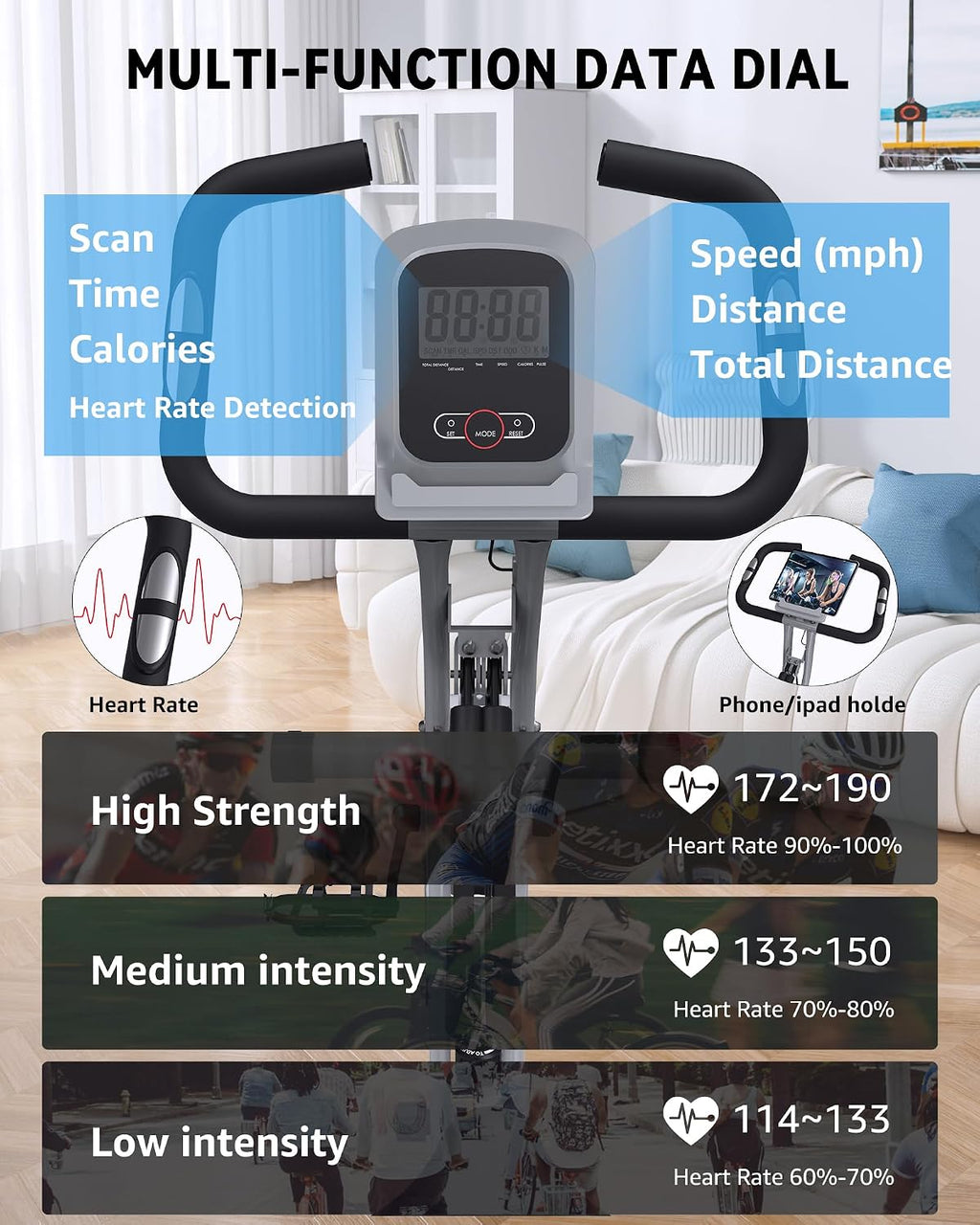 USLIM Foldable Exercise Bike Stationary Bikes for Home, 5 IN 1 Indoor Workout Bike, Cycling Bike with 16-Level Quiet Magnetic Resistance, 6.6 LBS Flywheel and 300LBS Capacity for Senior and Home Workout