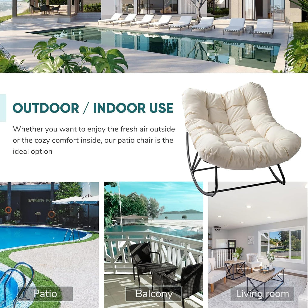 JOYBASE Outdoor Indoor Papasan Rocking Chair Set of 2, Oversized Papasan Rocker with Cushion, Patio Wicker Comfy Egg Chair for Backyard Bedroom Living Room Lounge Reading (Beige)