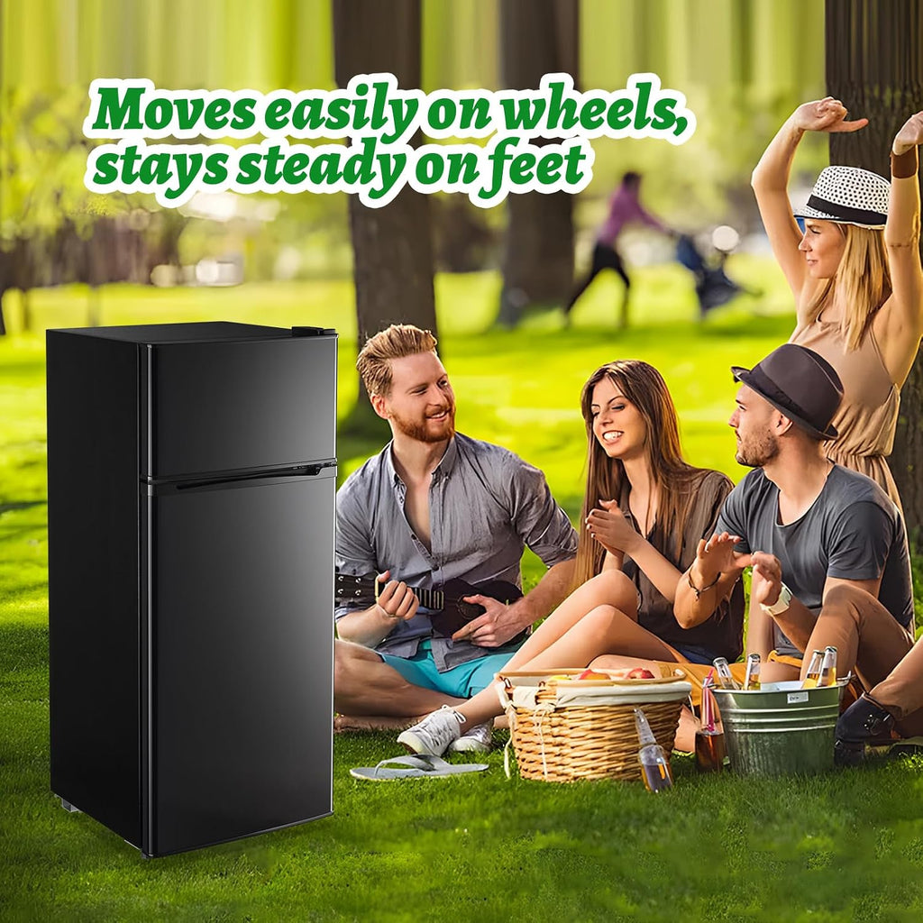 DEMULELR 4.5Cu.ft Small Mini Refrigerator with Freezer Black Two Door Mini Fridge with Crisper Drawer & Extra Drink Space, LED Light, Apartment Size Fridge for Dorm Office 17.5' W x 18.5' D x 43' H