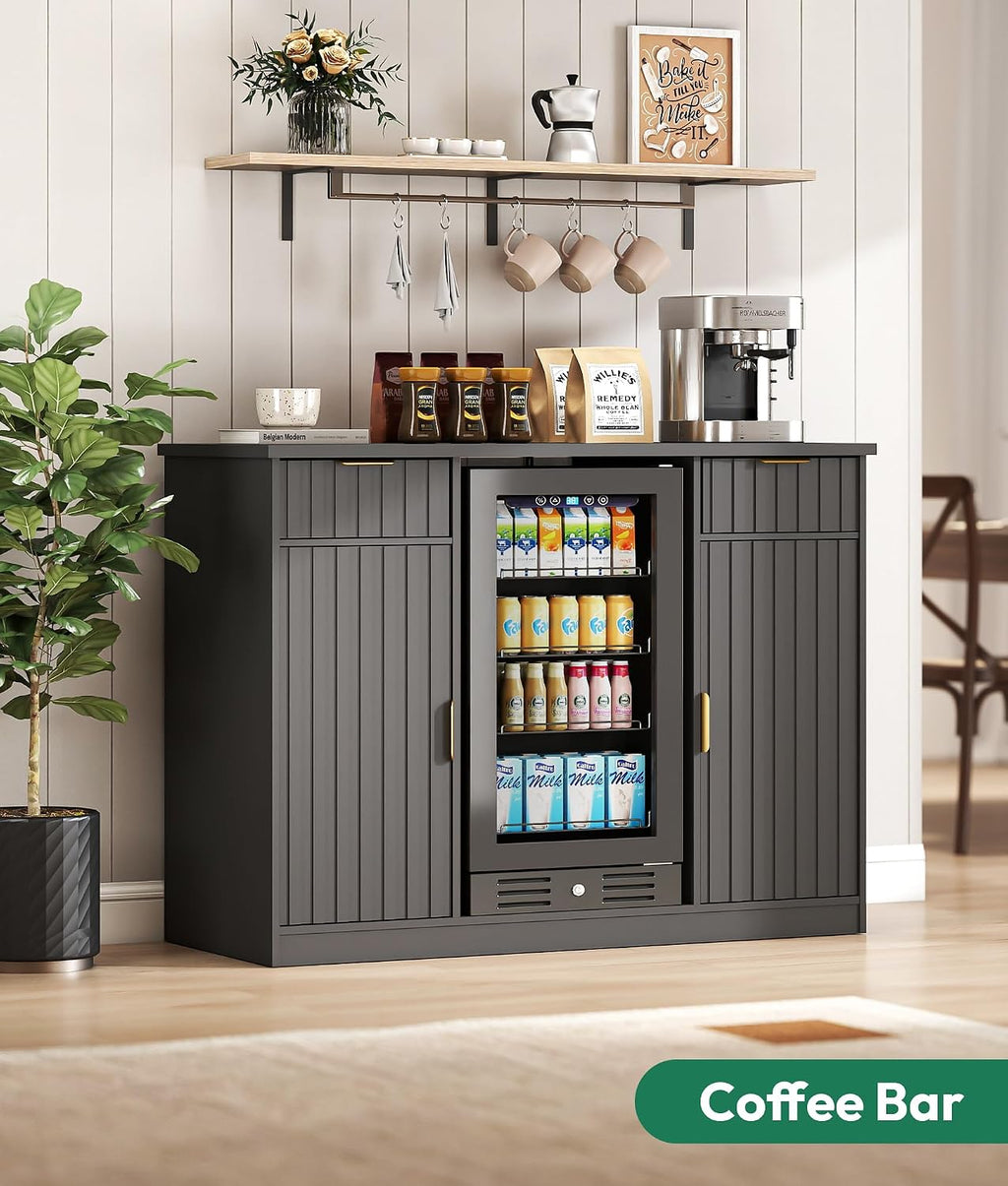 Lamtor Coffee Bar Cabinet with Storage - 53' Mini Fridge Cabinet with Power Outlet, Fluted Wine Bar with Drawer & Door Storage for Kitchen Dining Room, Black