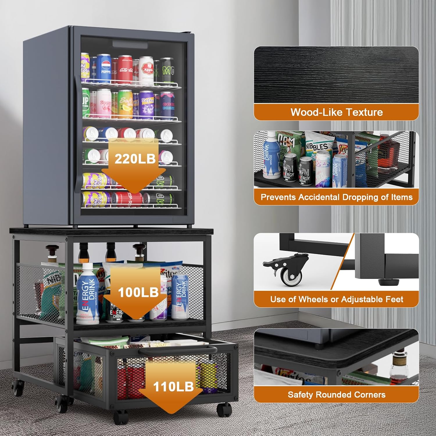 21x21in Mini Fridge Stand with Storage, Heavy Duty Mini Fridge Table with 4 Lockable Wheels for Coffee Bar 220LBS Compact Beverage Refrigerator Stand Cabinet Dorm Fridge Cart for Office Home (Black)