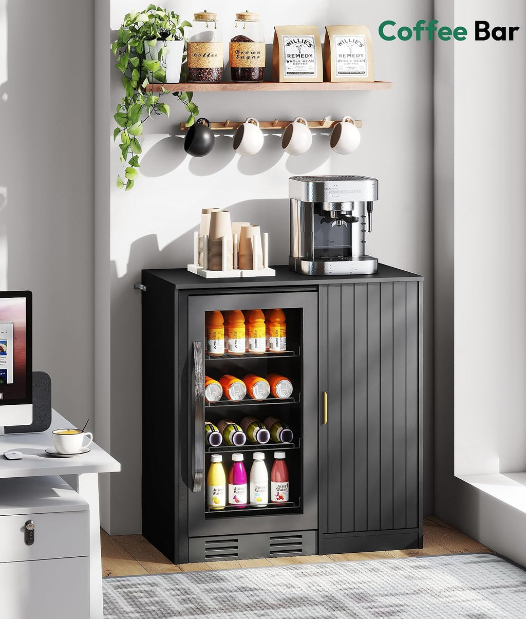 Lamtor Mini Fridge Cabinet with Storage - Snack Bar Cabinet with Power Outlet, Fluted Coffee Bar with Mini Fridge Space for Home Theater,Game Room,Living Room, Black