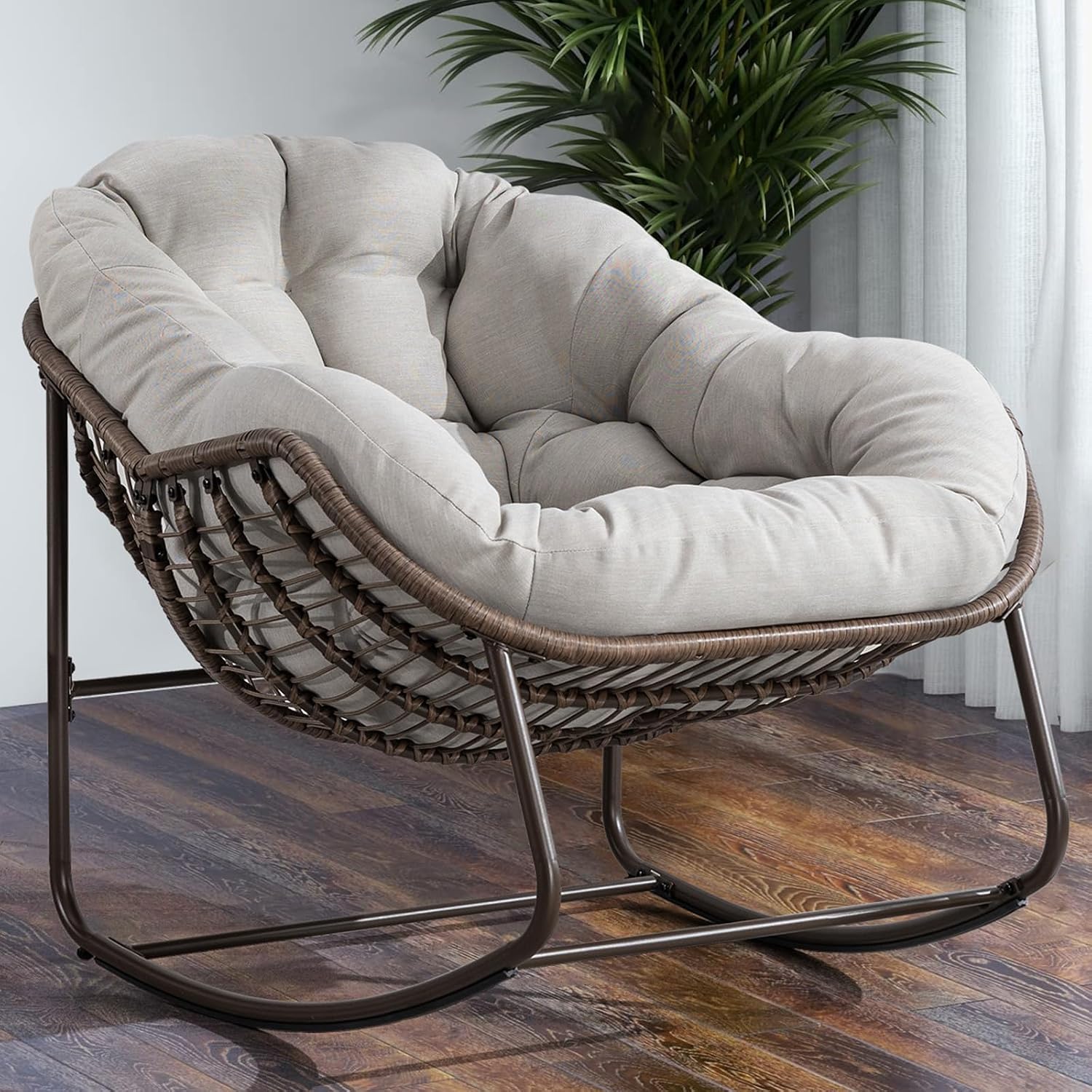 HRVEOCEI Papasan Rocking Chair with Cushion and Frame, Oversized Rocking Chair Indoor/Outdoor, Circle Chairs for Patio Garden Front Porch, Corduroy/Velvet (Beige)