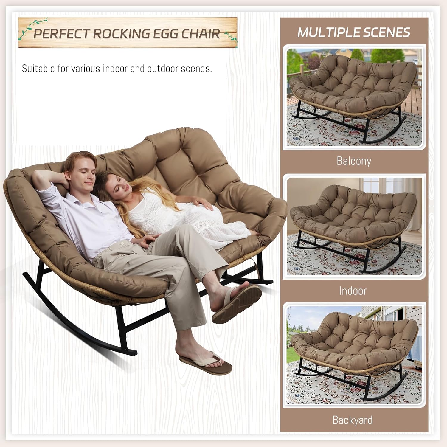 BULEXYARD Double Papasan Rocking Chair Outdoor, 2 Person Oversized Wicker Patio Egg Rocking Chair with Cushion, Heavy Duty Comfy Loveseat for Balcony, Porch, Garden (Brown, 2 Seats w/Ottoman)