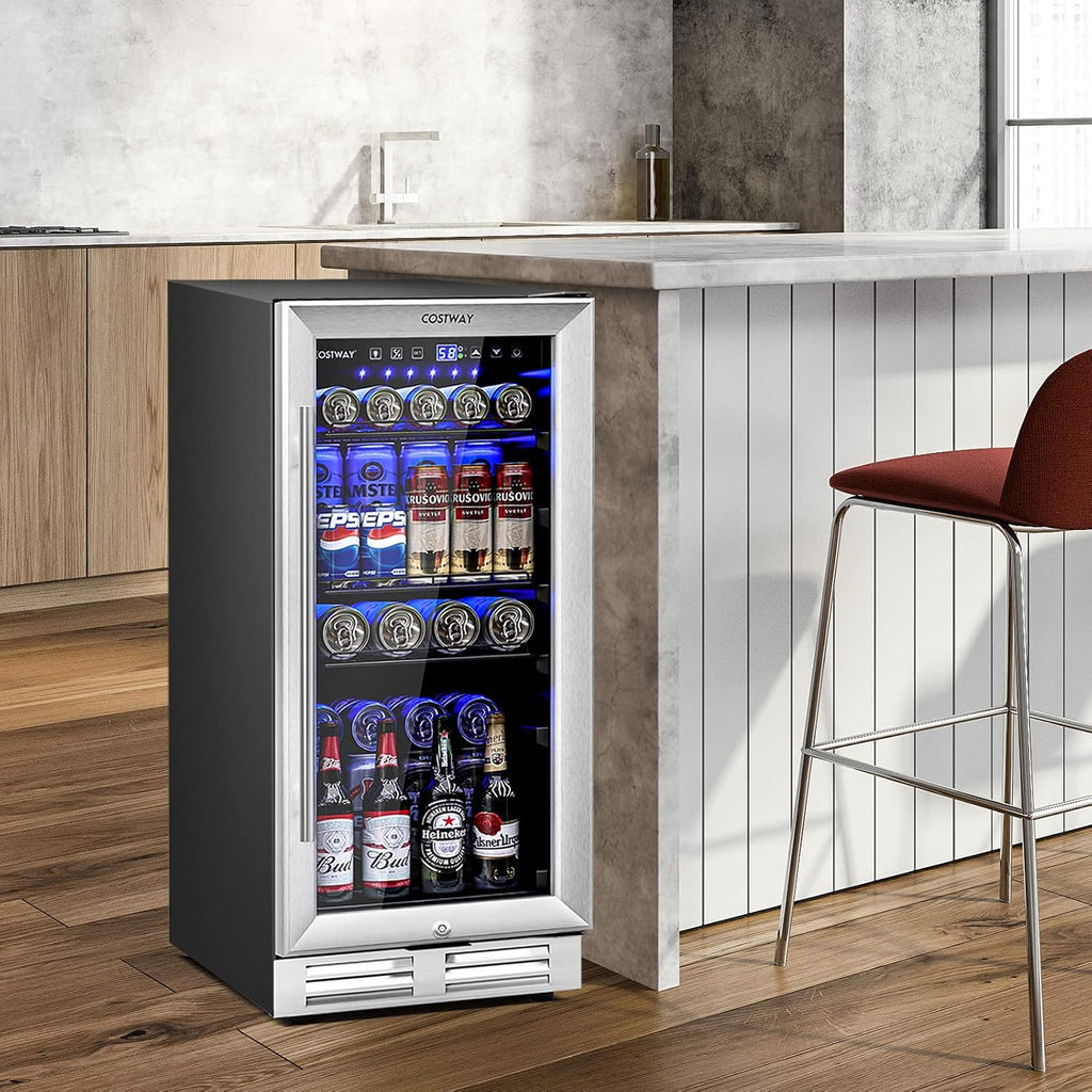 COSTWAY 15 Inch Beverage Cooler Refrigerator - 3.5 Cu.ft Mini Fridge with Glass Door, Lock and Removable Shelves for Soda Beer Wine, Freestanding Small Drink Refrigerator for Home Office Bar