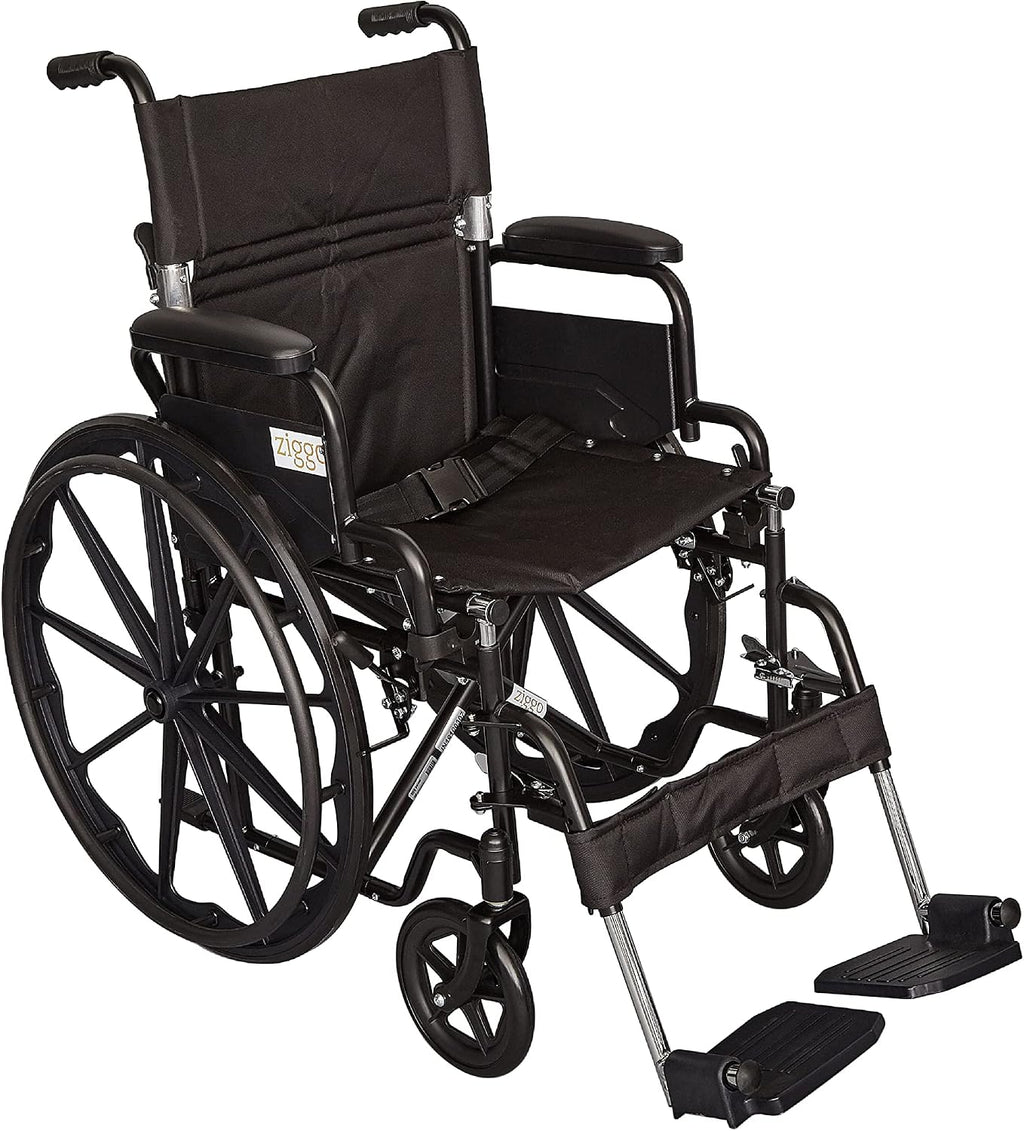 Ziggo 18' Seat Width Pediatric Wheelchair for Kids & Children, Lightweight, Manual Folding Wheelchair w/Safety Belt, Swing-Away Foot Support w/Straps, Desk Length Arm Rests