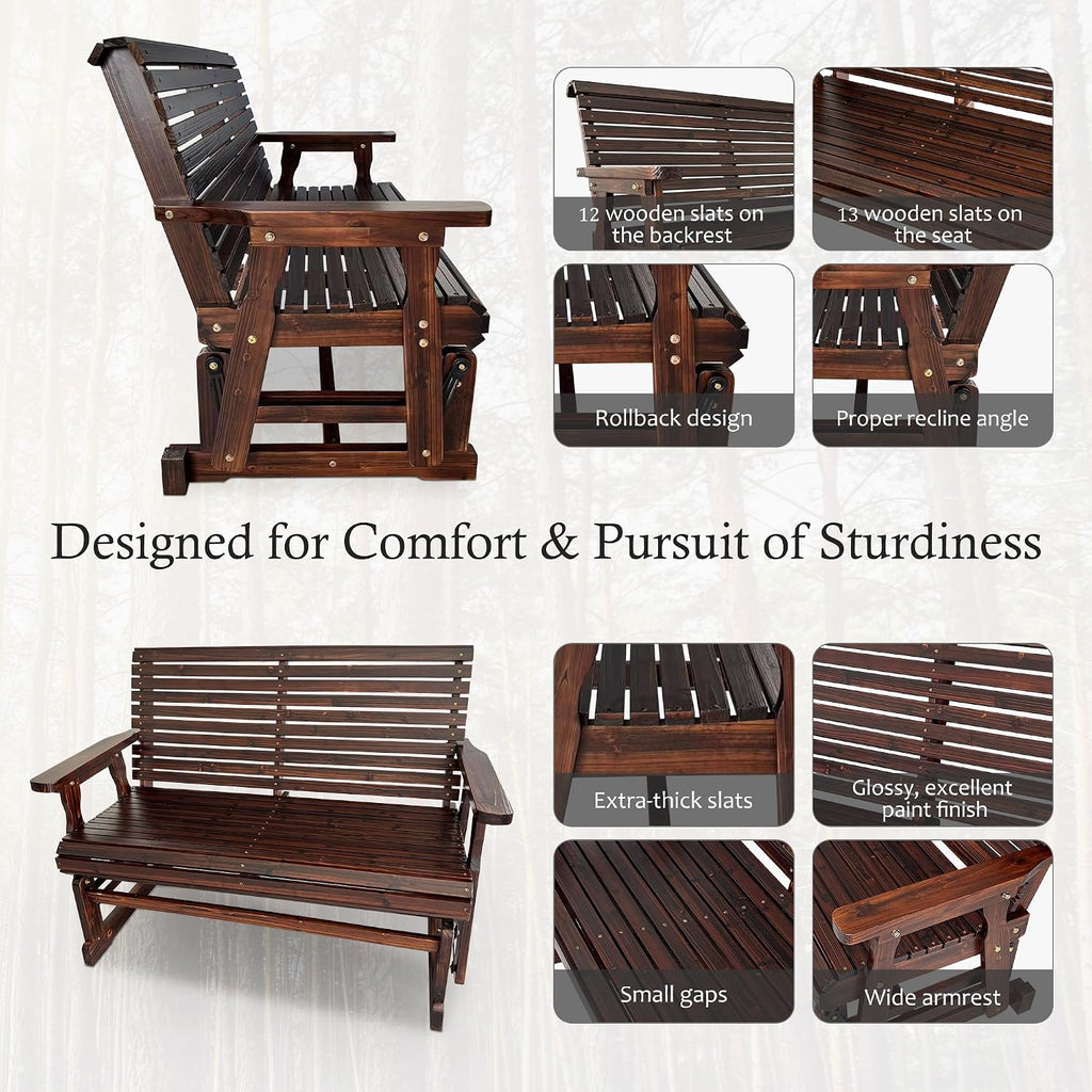 Wooden Patio Glider with High Roll Back and Deep Contoured Seat, Solid Fir Wood, 2-Seater, Heavy Duty 800 LBS, 4 Ft. (Chocolate Tone)