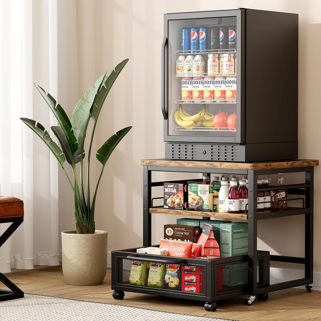 DDJ Mini Fridge Stand with Storage, 21 x 21 in Heavy Duty Mini Fridge Table with Pull-out Shelf and Lockable Wheels, Compact Refrigerator Stand with Drawer Basket for Home Office, Rustic Brown
