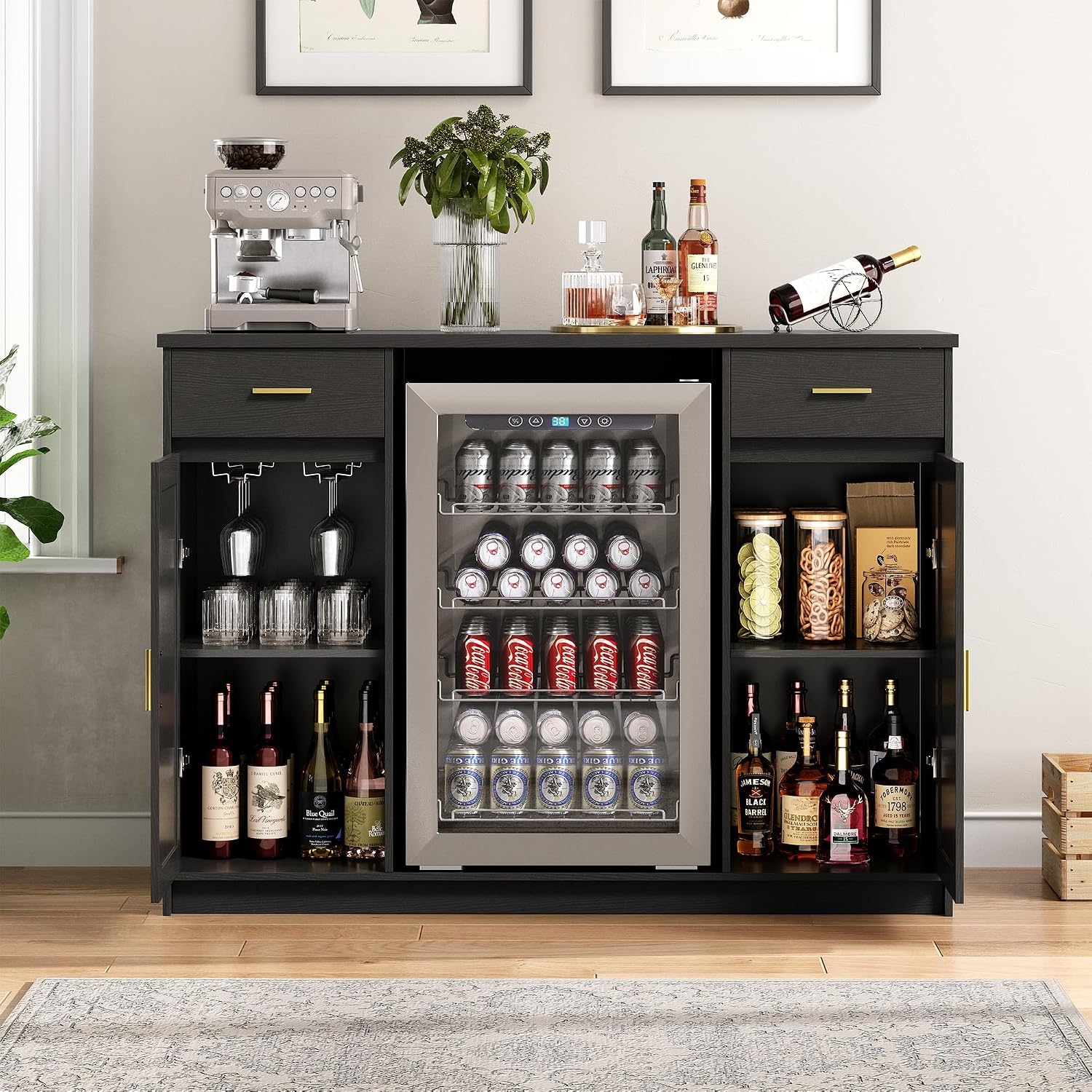 Herture Mini Fridge Cabinet,Coffee Bar Cabinet with Fridge Space & Wine Storage with Outlets,Fits 24' Fridge,Mini Fridge Stand,Buffet Sideboard Table Wine Cabinet for Kitchen Dining Room Black KH04MRB