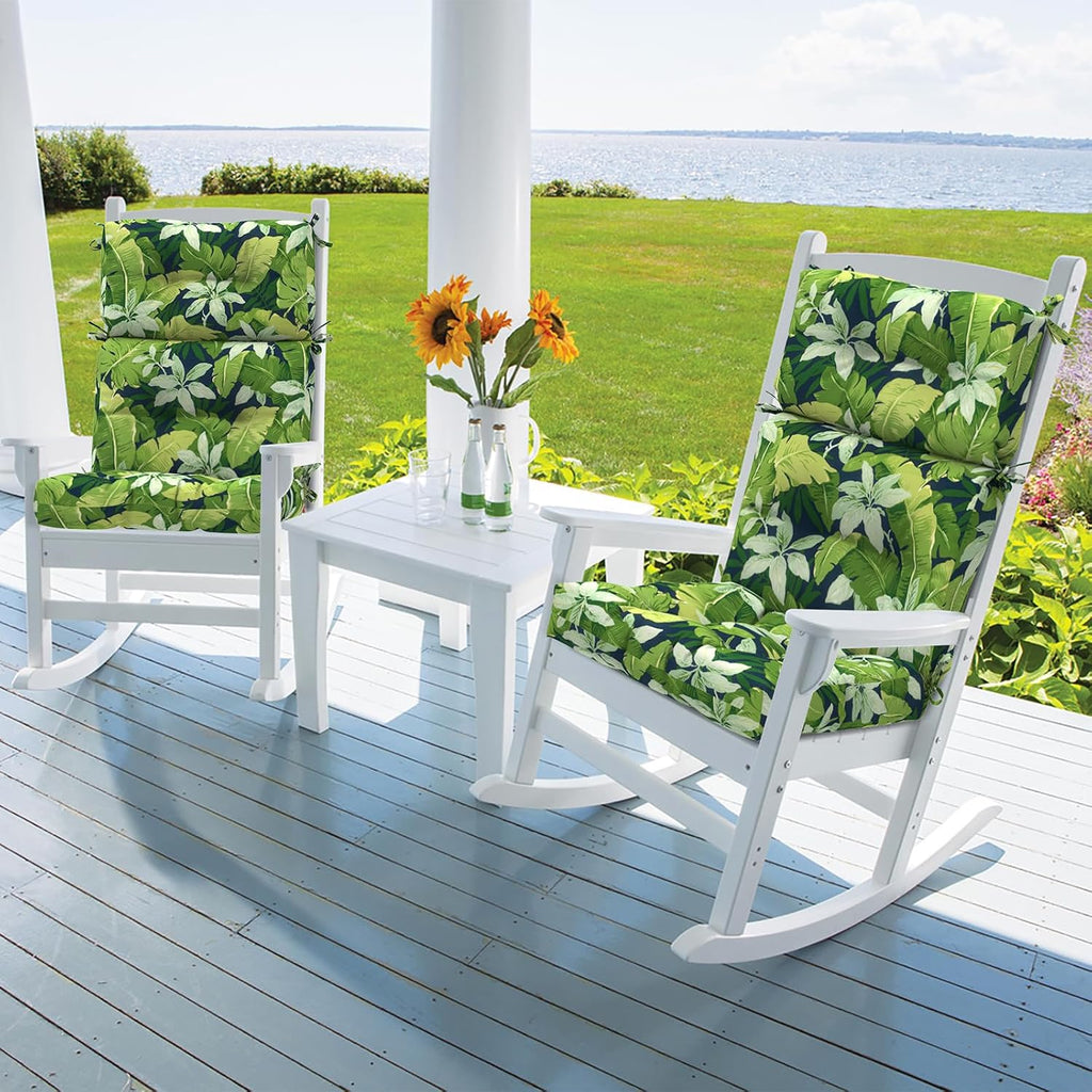 DYTXIII Outdoor High Back Chair Cushions Set of 2, Water Repellent Tufted Rocking Seat Cushions Replacement 44 x 22 Inch, Seat & Back Chair Pads for Patio, Balcony and Indoor Use -Jungle Leaves