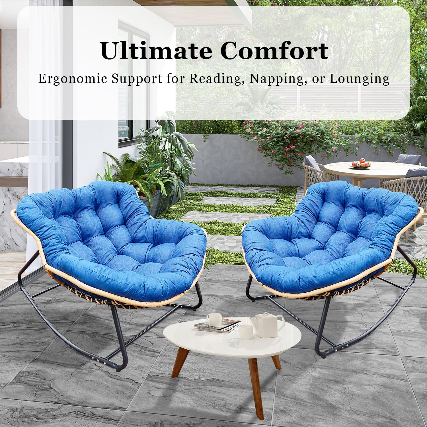 Rocking Papasan Chair Outdoor/Indoor, Rattan Wicker Lounge Rocker Egg Chair with Thick Cushion, Alloy Frame & Anti-Tip Wide Base for Patio, Living Room, Bedroom, Royal Blue