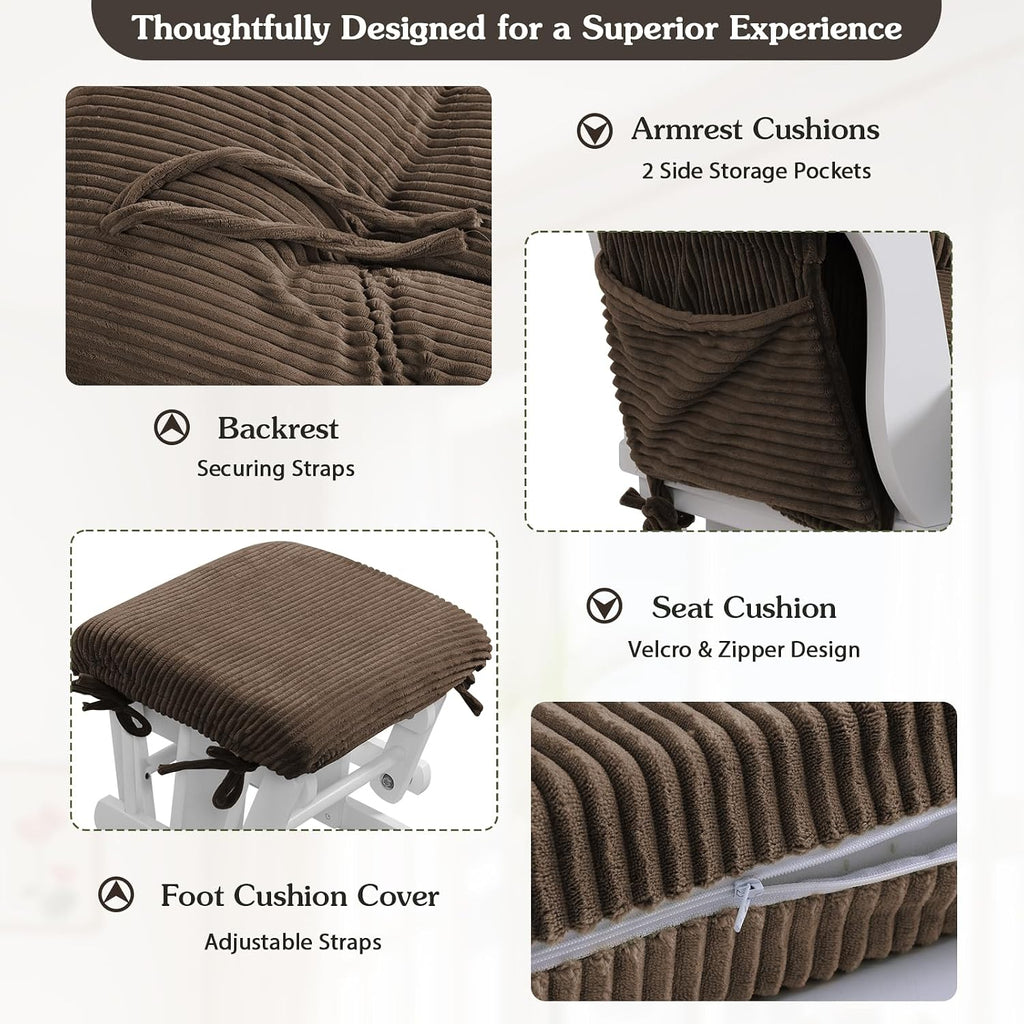 ANMINY 5pcs Glider Rocker Replacement Cushions Set - Thickened Fleece Glider Rocking Chair Cushions with 29.5 inch High Backrest & Side Pockets for Indoor Nursery, Washable & Non Slip, Brown