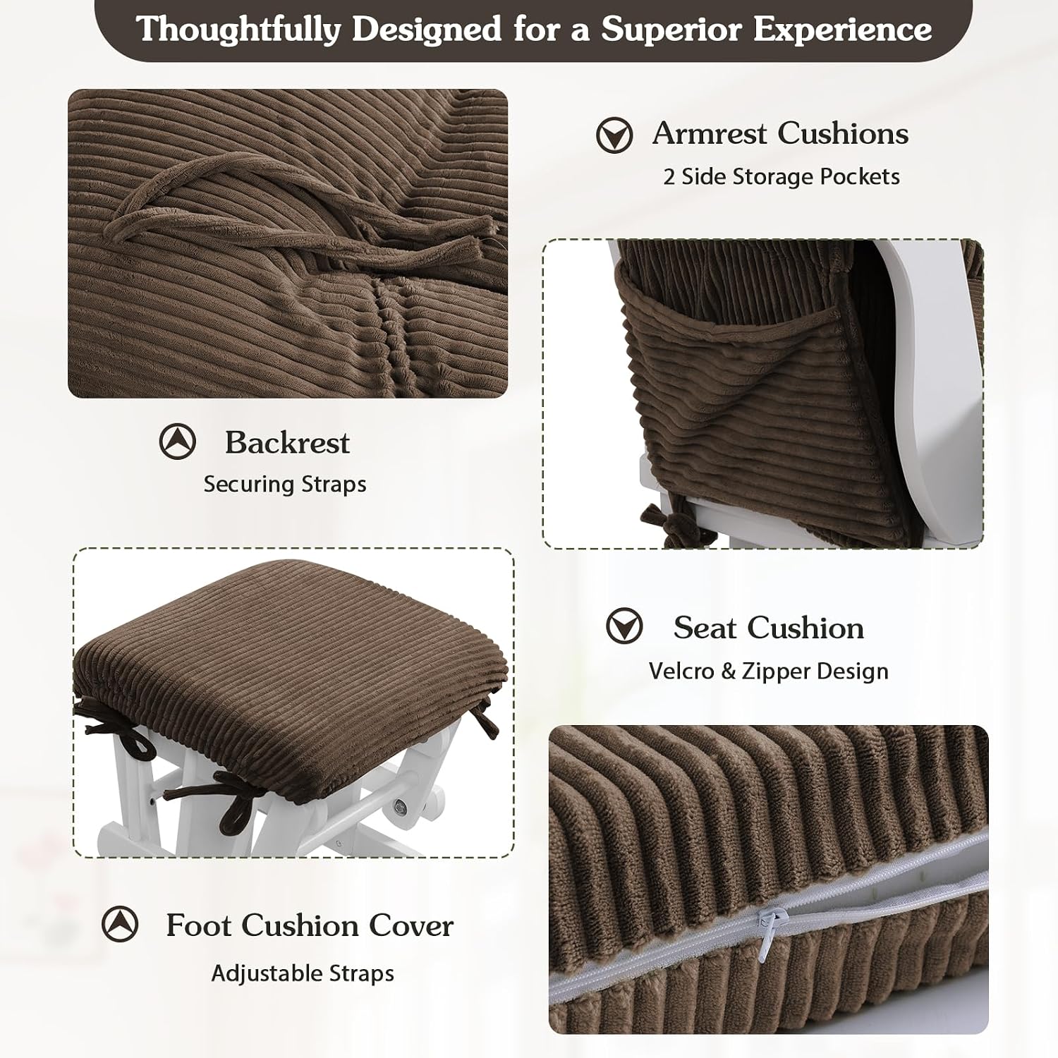ANMINY 5pcs Glider Rocker Replacement Cushions Set - Thickened Fleece Glider Rocking Chair Cushions with 29.5 inch High Backrest & Side Pockets for Indoor Nursery, Washable & Non Slip, Brown