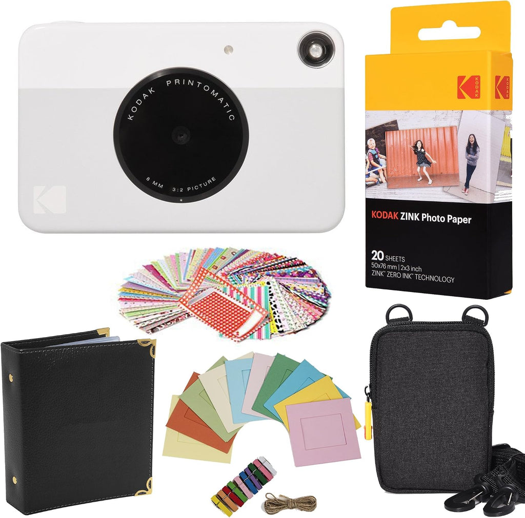 Kodak Printomatic Instant Camera (Grey) Gift Bundle + Zink Paper (20 Sheets) + Case + 100 Sticker Border Frames + Hanging Frames + Album