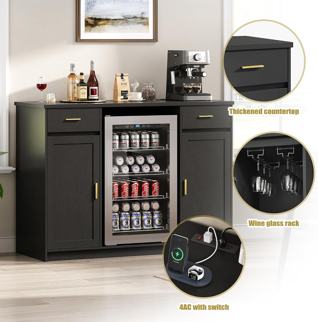 Herture Mini Fridge Cabinet,Coffee Bar Cabinet with Fridge Space & Wine Storage with Outlets,Fits 24' Fridge,Mini Fridge Stand,Buffet Sideboard Table Wine Cabinet for Kitchen Dining Room Black KH04MRB