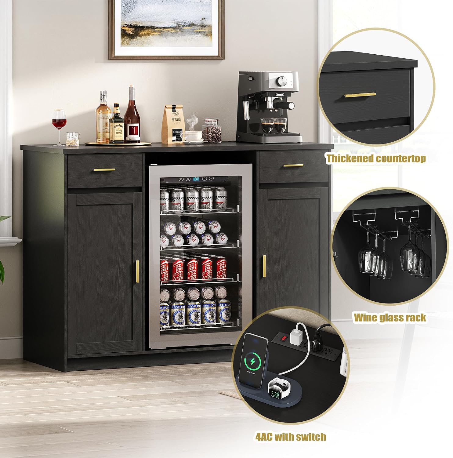 Herture Mini Fridge Cabinet,Coffee Bar Cabinet with Fridge Space & Wine Storage with Outlets,Fits 24' Fridge,Mini Fridge Stand,Buffet Sideboard Table Wine Cabinet for Kitchen Dining Room Black KH04MRB