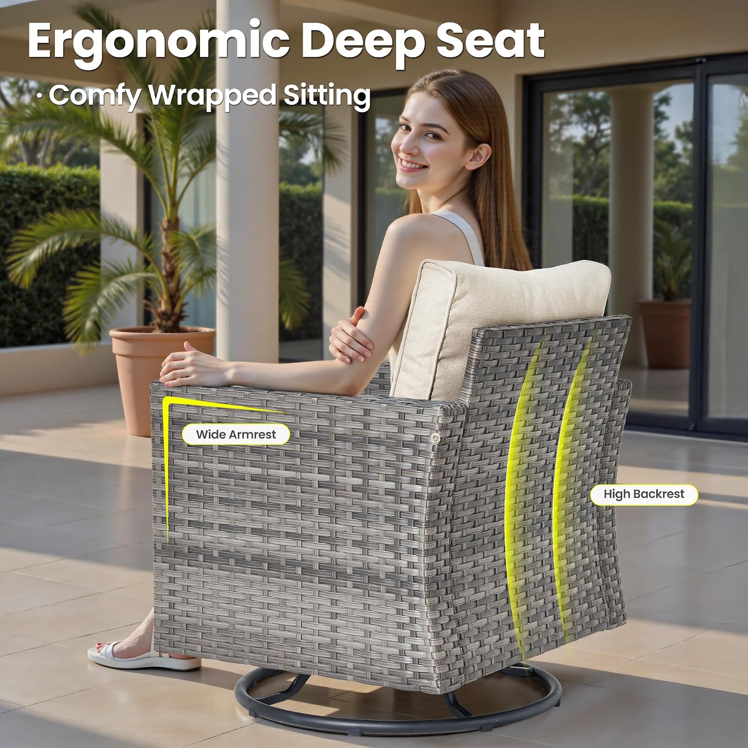 ovios 3 Pieces Patio Swivel Chairs with Side Table, Outdoor Wicker Rocking Chairs of 2 with Comfy Cushions, Rattan Glider Rocker Bistro Set for Porch Deck, Beige