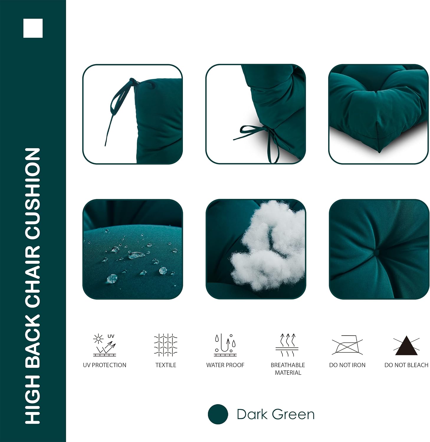 Outdoor Indoor High Back Chair Cushions Set of 4,Waterproof All-Weather Patio Adirondack Rocking Chair Cushions,Seat Back Chair Cushion for Outdoor Furniture with Ties,45x22 Inch, Dark Green