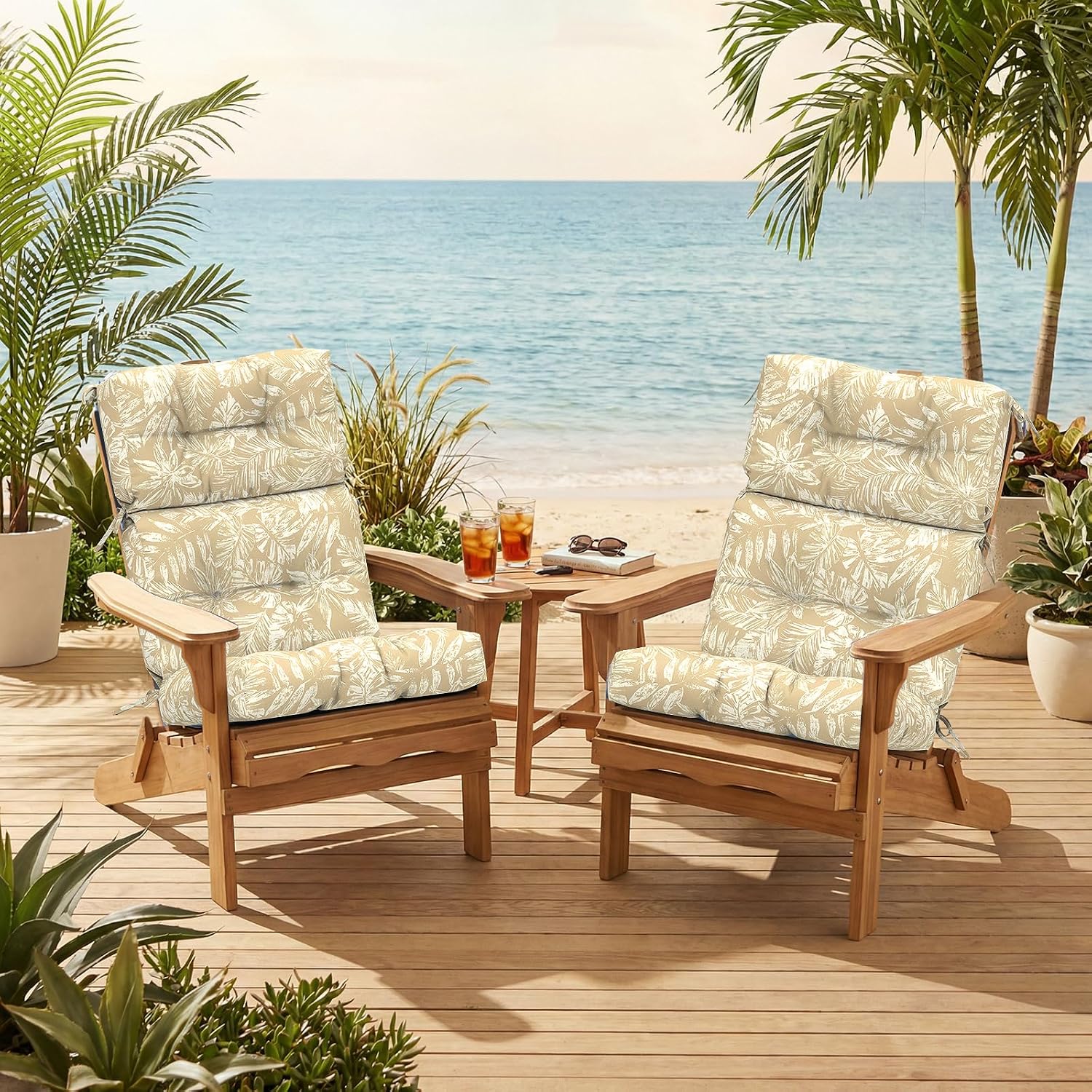 Outdoor High Back Patio Chair Cushions, Fade Resistant & Waterproof Tufted Seat and Back Cushions for Patio Furniture, Patio Chair Cushions 44x22 Inch, Set of 2, Tropical Leaf Oat