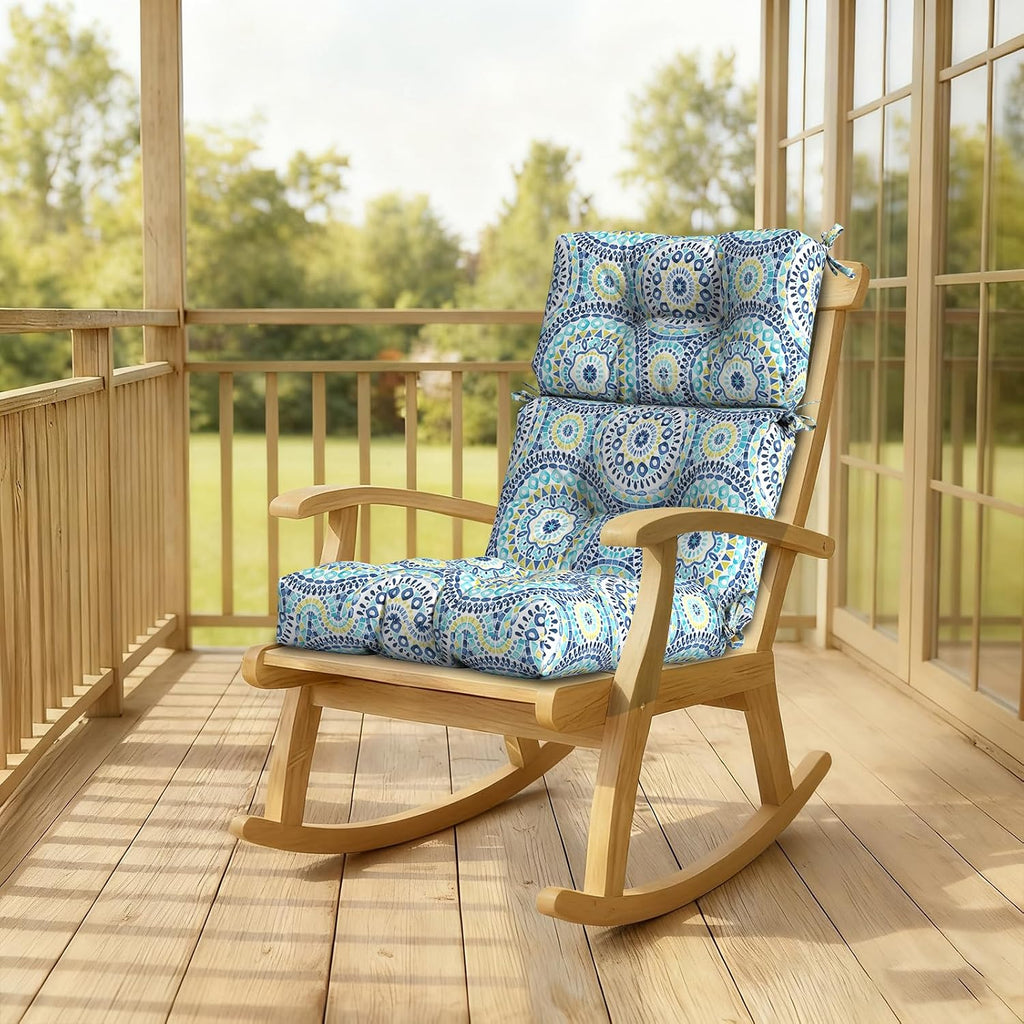 DYTXIII Outdoor High Back Chair Cushions Set of 2, Water Repellent Tufted Rocking Seat Cushions Replacement 44 x 22 Inch, Seat & Back Chair Pads for Patio, Balcony and Indoor Use -Delancey Lagoon