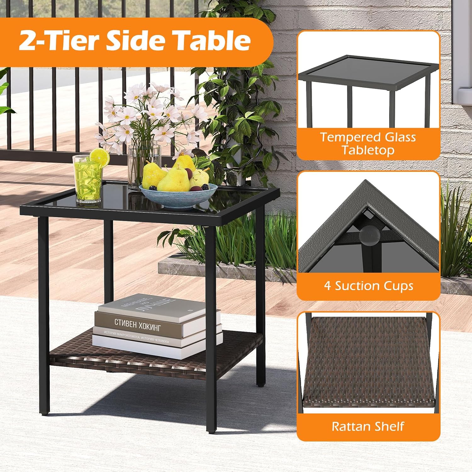 Tangkula 3 Piece Outdoor Swivel Chair Set, Patio Wicker Rotating Cushioned Chairs with 2-Tier Tempered Glass Side Table, for Porch, Yard, Balcony, Garden