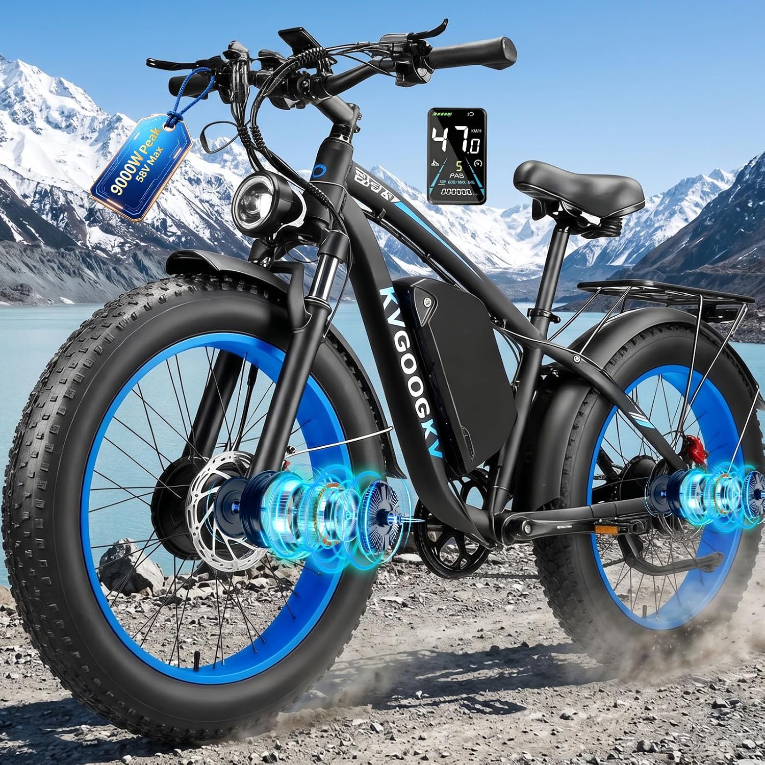9000W Peak Electric Bike for Adults,58V Max-Output 1972Wh Dual Motor Ebike,47MPH 105 Miles Long Range,24' x4.0 Fat Tire Lockable Suspension Electric Bicycle for Off-Road Mountain Commuter