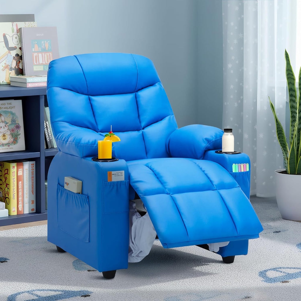 Donut Larger Kids Reclining Chair PU Leather Recliner Sofa Push Back Lounge Children Toddler Boys Girls Ages 3-12 with Dual Cup Holders and 4 Pockets