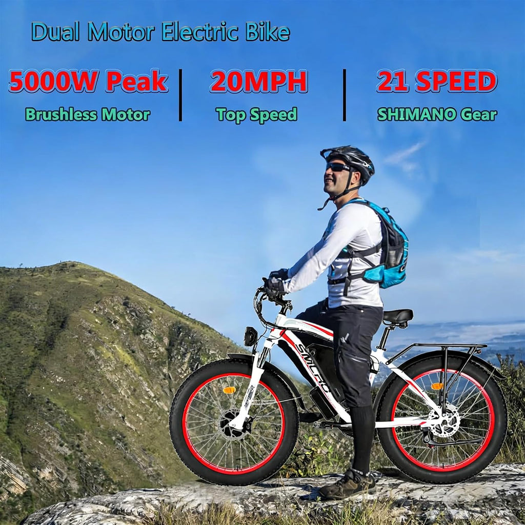 Electric Bike for Adults, 5000W Peak Dual Motor 60V/52V 25Ah/23Ah 20MPH AWD Ebike 21 Speed 26' Fat Tire MTB Hydraulic Disc Brake