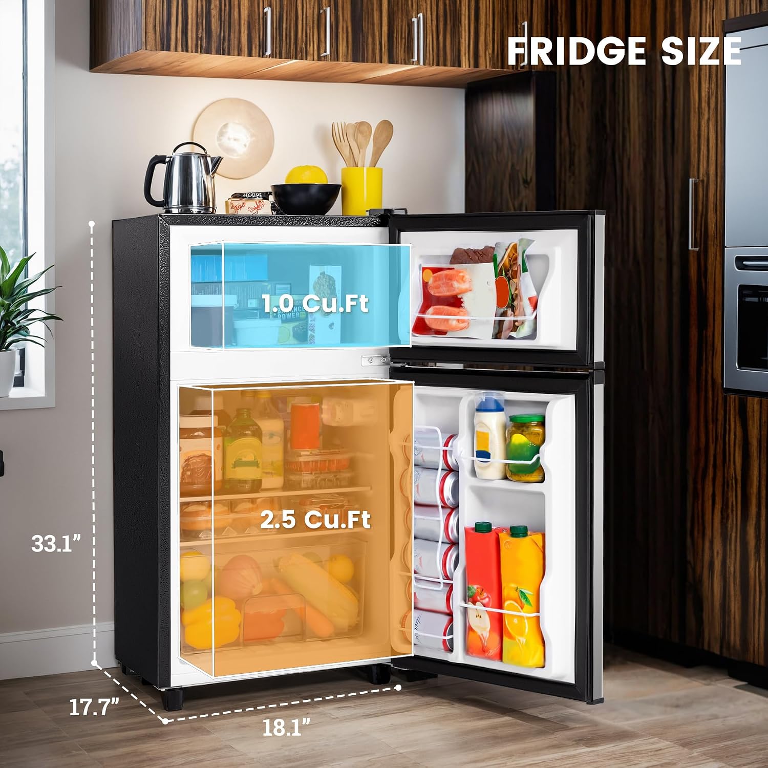 Manastin 3.5 Cu.Ft 2 Door Mini Fridge with Freezer, Small Refrigerator, 7 Level Adjustable Thermostat, Compact Fridge for Living Room, Dorm, Office, Kitchen and Apartment (Silver)
