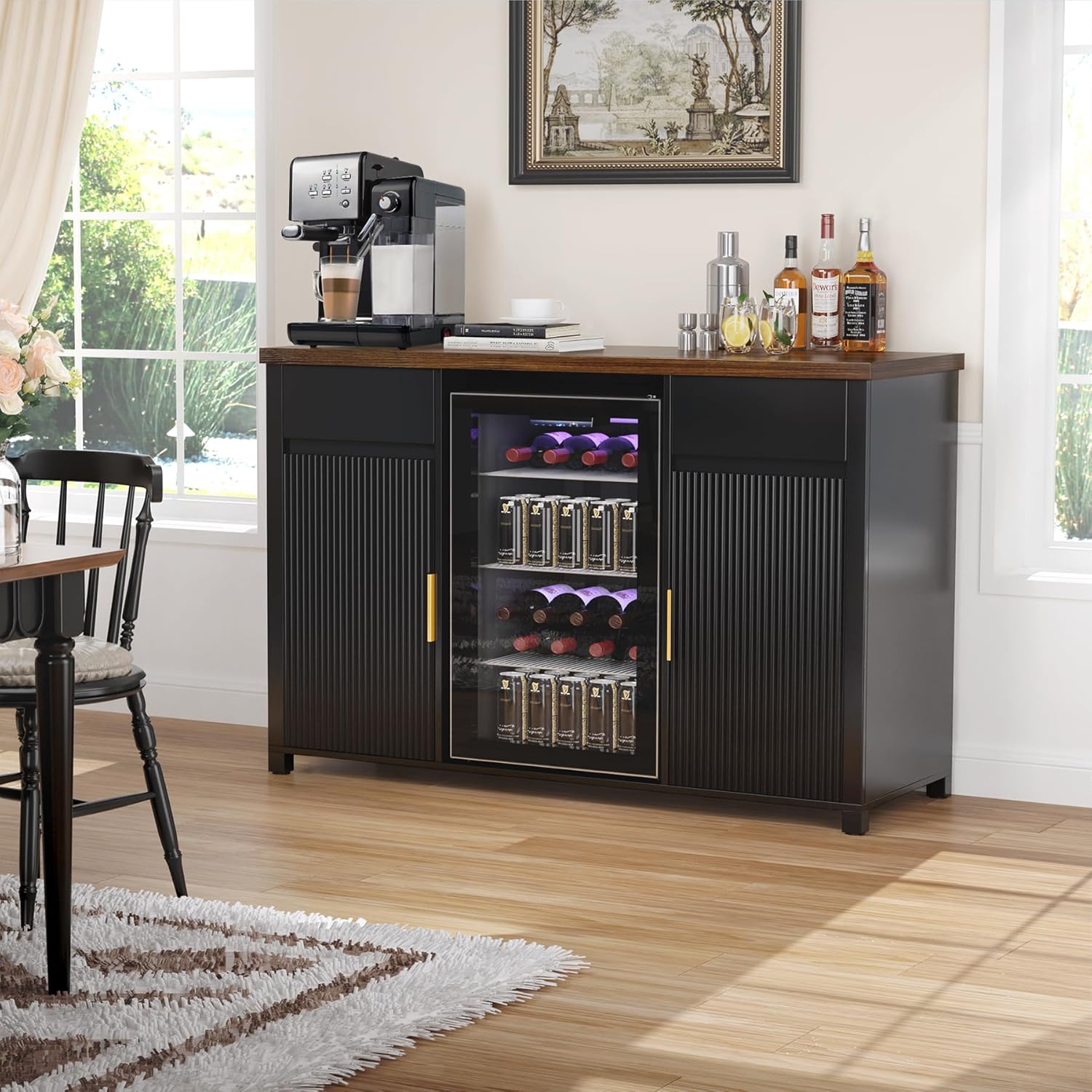 GDLF Large Coffee Bar Cabinet with Fridge Space, Mini Fridge Cabinet with Wine Storage, Buffet Sideboard Table for Home, Fluted Modern Design,53.2' L