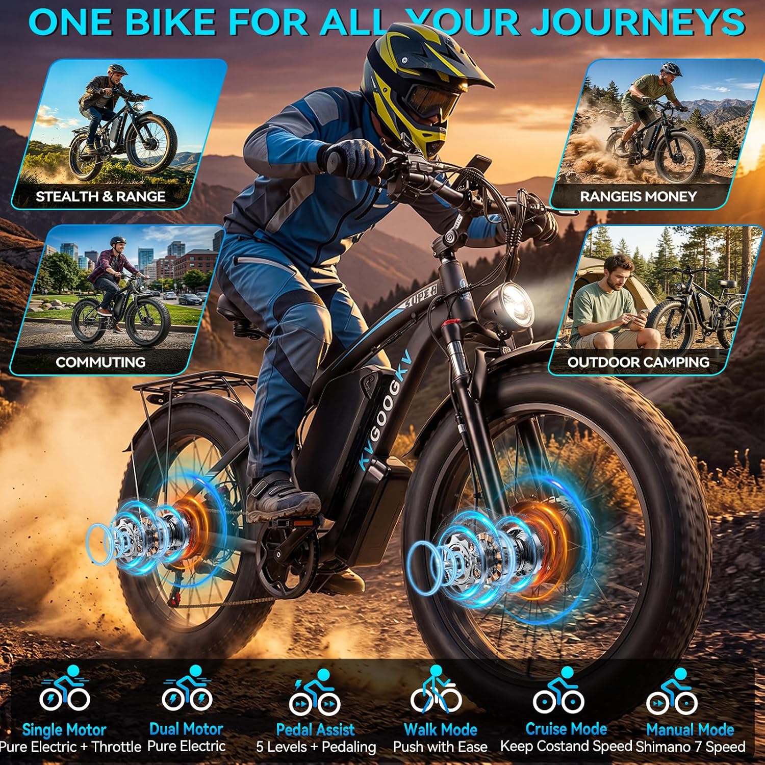 9000W Peak Electric Bike for Adults,58V Max-Output 1972Wh Dual Motor Ebike,47MPH 105 Miles Long Range,24' x4.0 Fat Tire Lockable Suspension Electric Bicycle for Off-Road Mountain Commuter