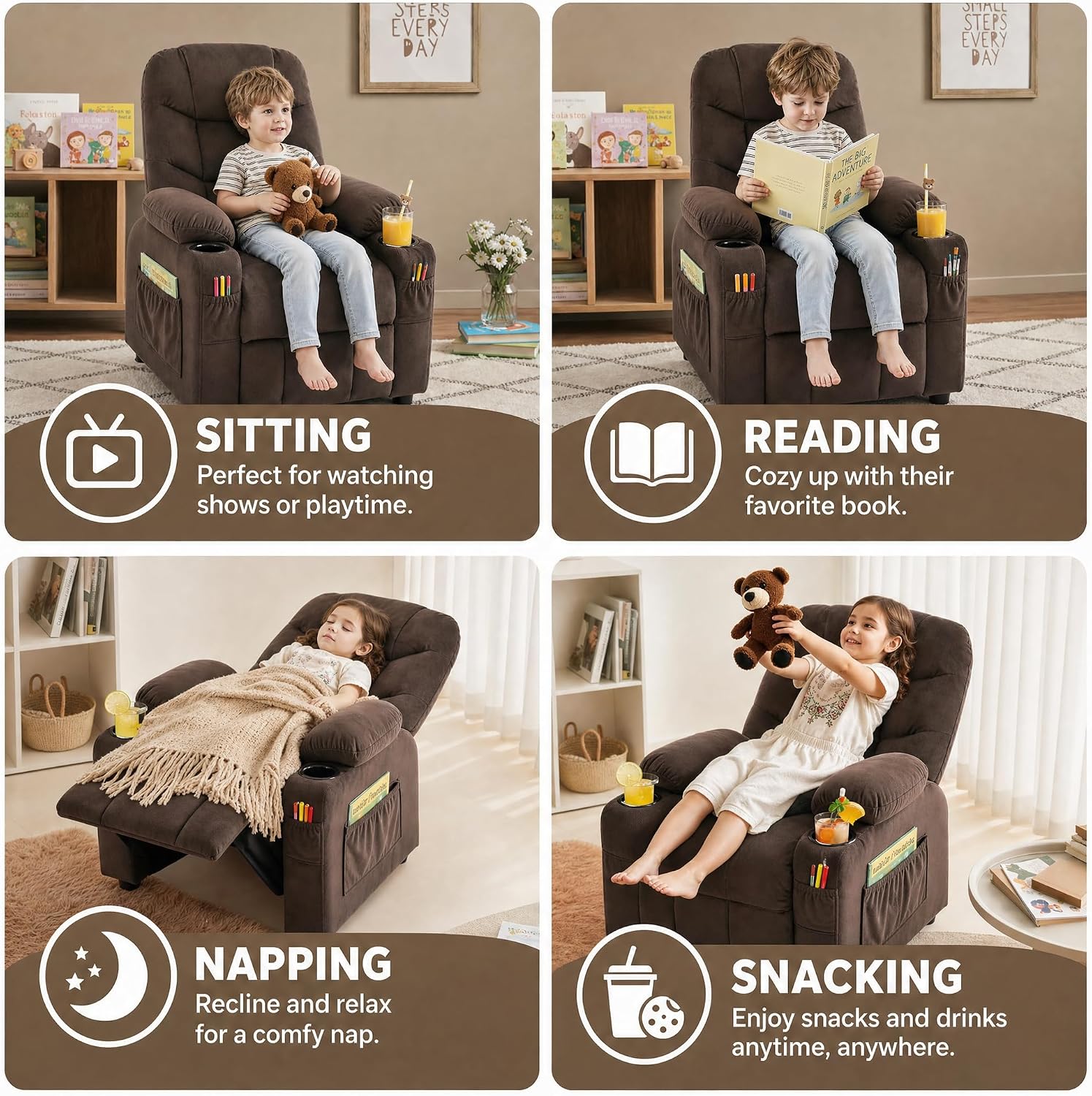 Donut Larger Kids Reclining Chair Velvet Fabric Recliner Sofa Push Back Lounge Children Toddler Boys Girls Ages 3-12 with Dual Cup Holders and 4 Pockets
