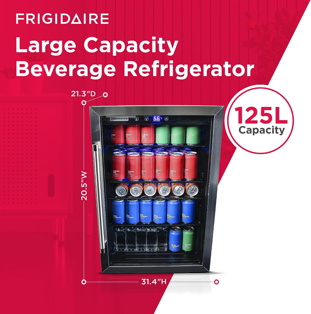 Frigidaire Beverage Refrigerator, Fridge with Glass Door, Compact Mini Fridge with Digital Temperature Control, Fits 115 Cans or 34 Bottles, 96L Capacity - 19.1' D x 17.5' W x 31.2' H