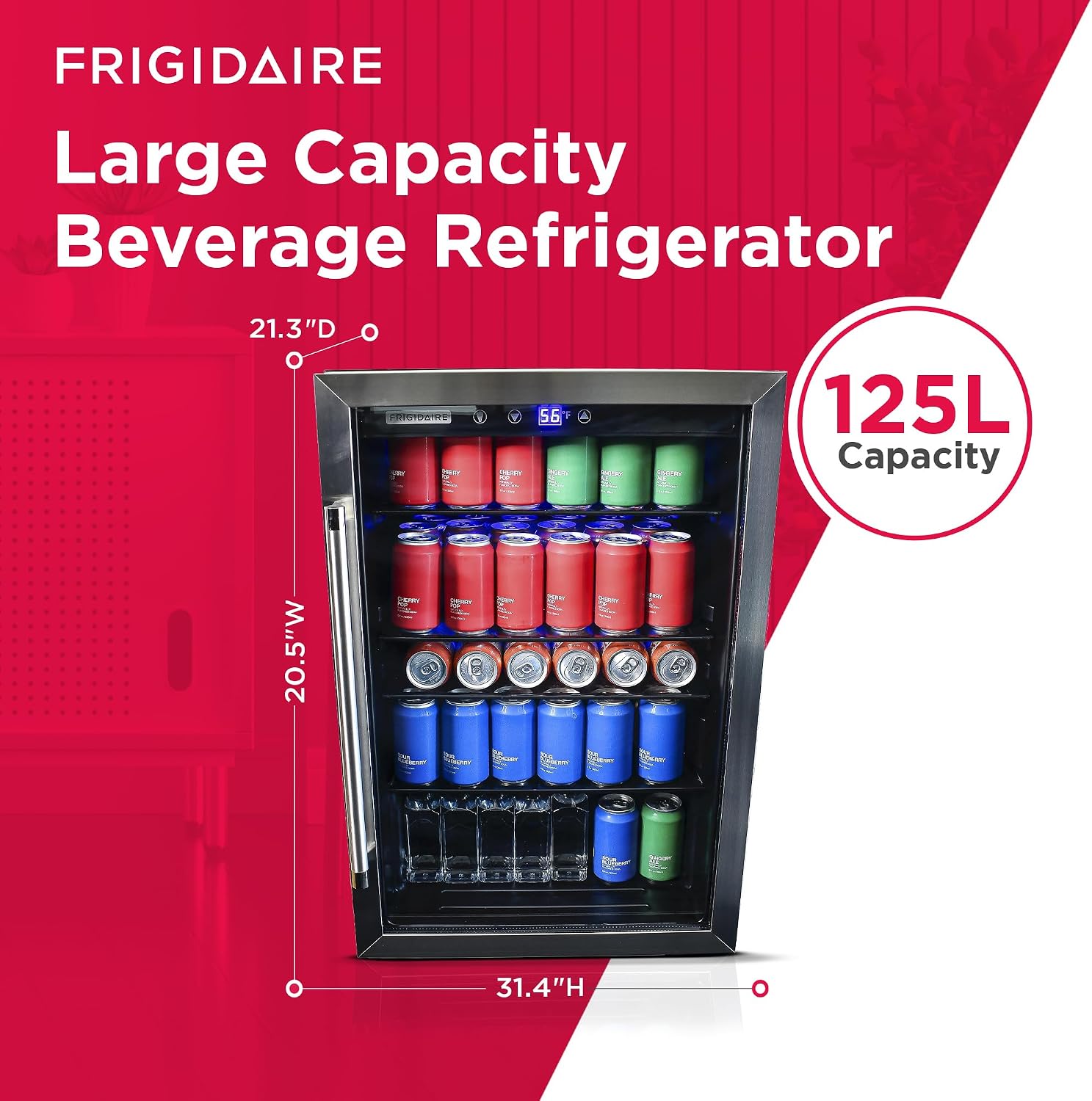 Frigidaire Beverage Refrigerator, Fridge with Glass Door, Compact Mini Fridge with Digital Temperature Control, Fits 115 Cans or 34 Bottles, 96L Capacity - 19.1' D x 17.5' W x 31.2' H