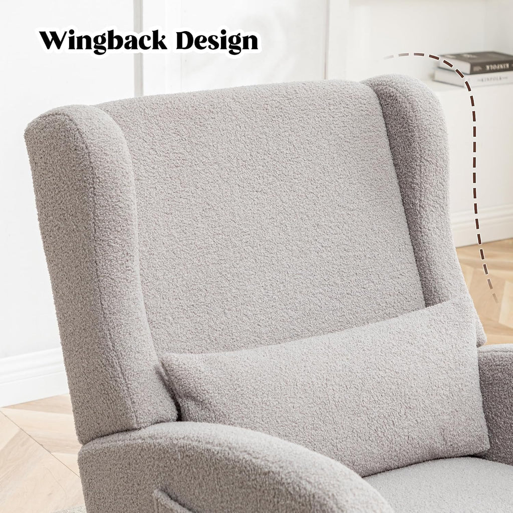 HCHAIRH Rocking Chair Nursery with Foot Rest, Wingback Nursery Rocking Chairs, Grey Teddy Nursing Glider Rocker Chair with Pillow and High Back for Nursery, Living Room, Bedroom