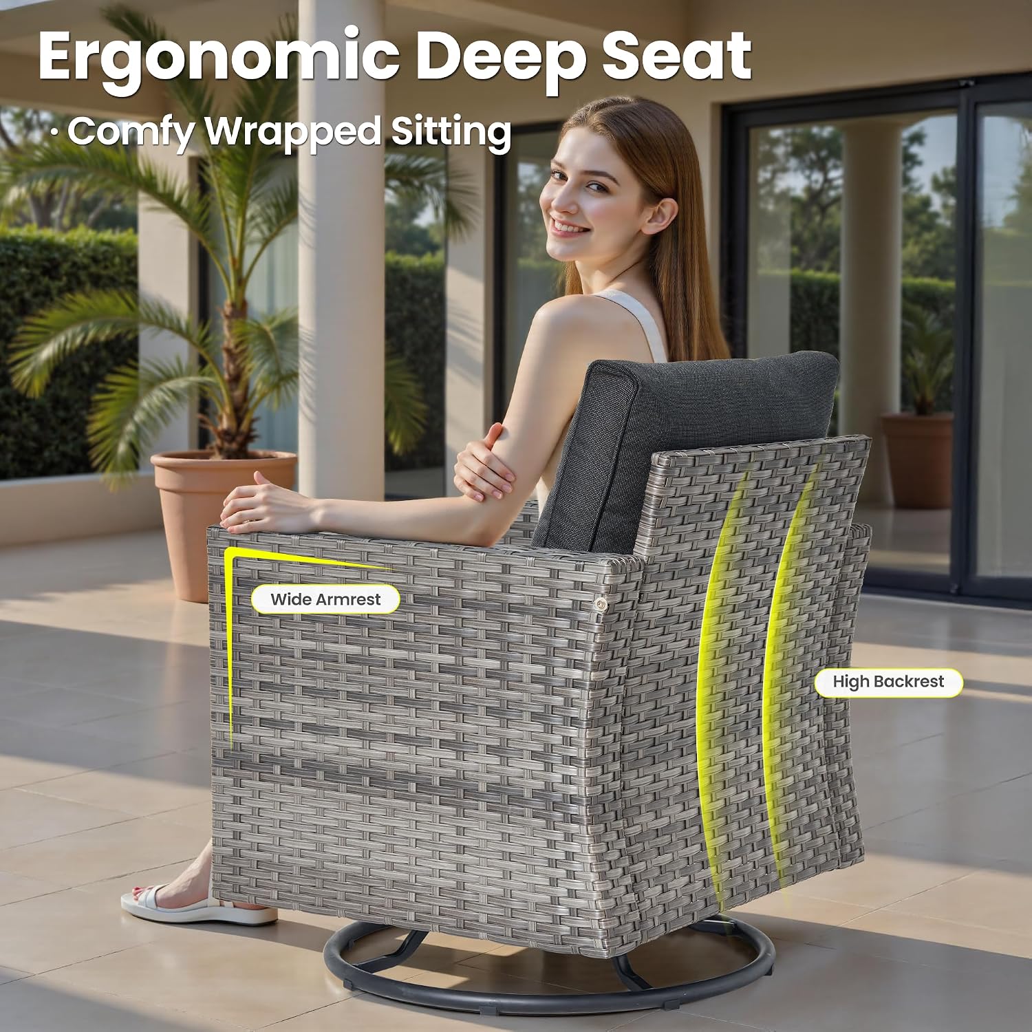 ovios 3 Pieces Patio Swivel Chairs with Side Table, Outdoor Wicker Rocking Chairs of 2 with Comfy Cushions, Rattan Glider Rocker Bistro Set for Porch Deck, Black